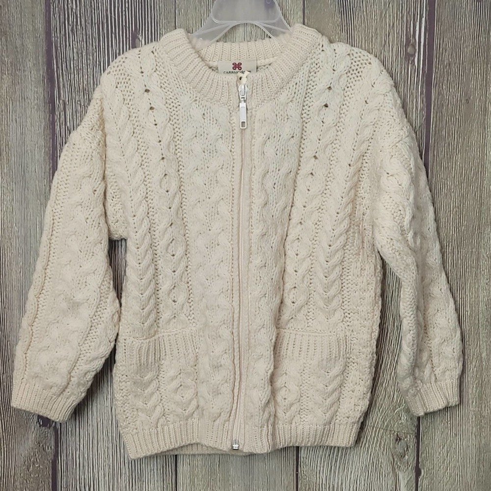 Carraigdonn Ireland Irish Knit Fisherman Crewneck Kids Cream Sweater Zippered